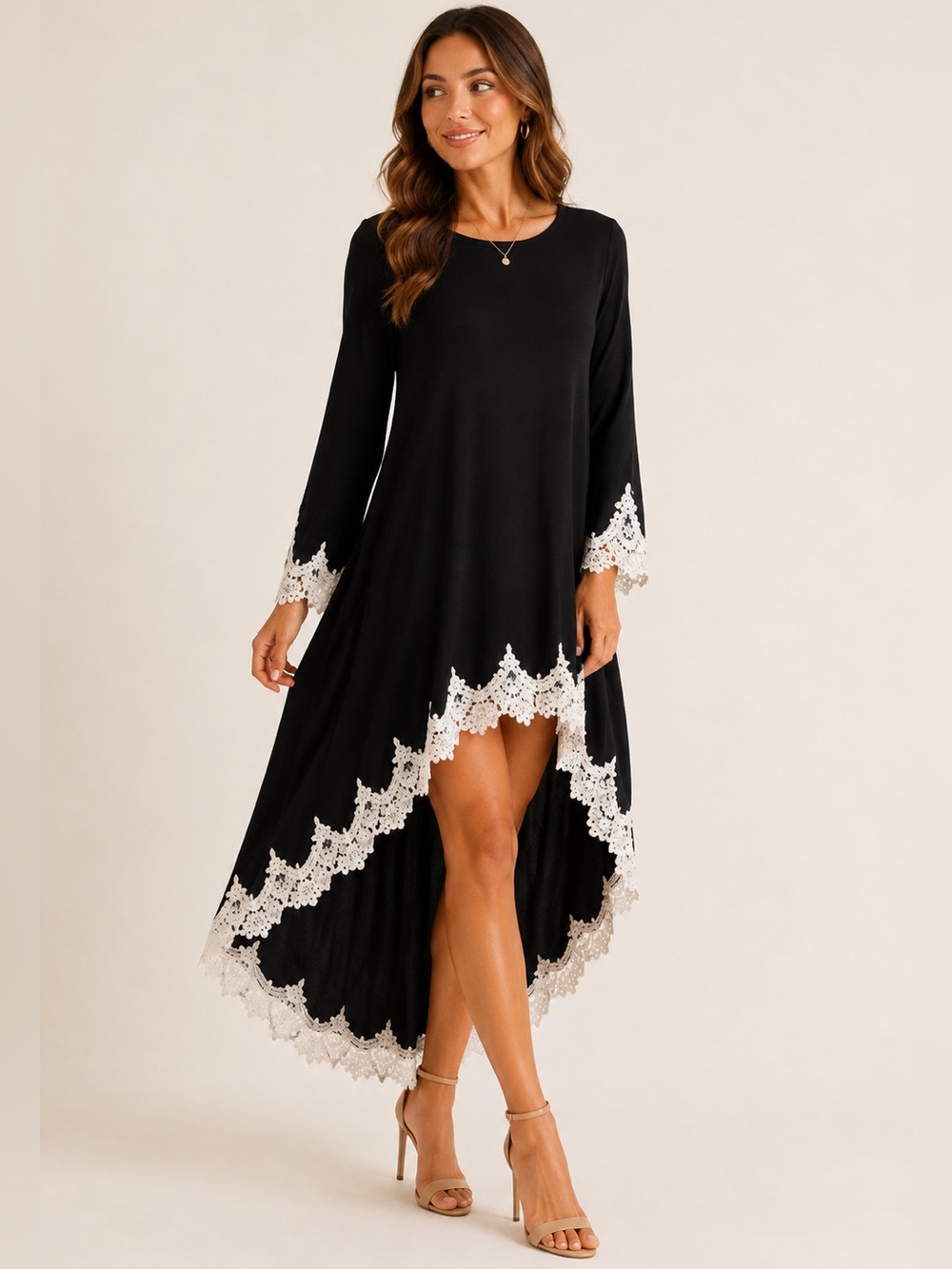 Angashion Black High Low Lace Trim Dress Small Elegant Midi Hi Lo Cocktail